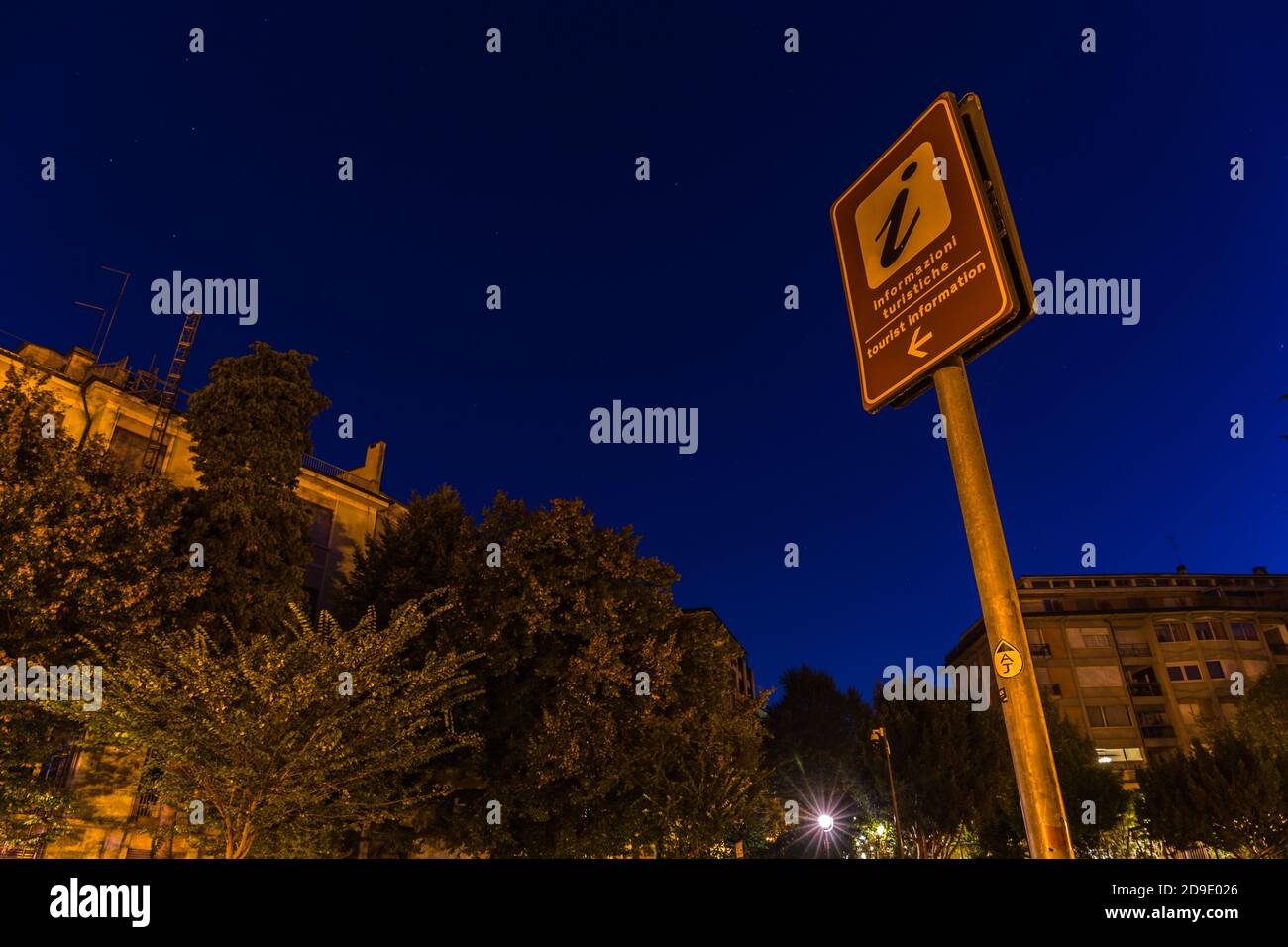 Sign of a tourist information in the city on a blue sky background Stock Photo