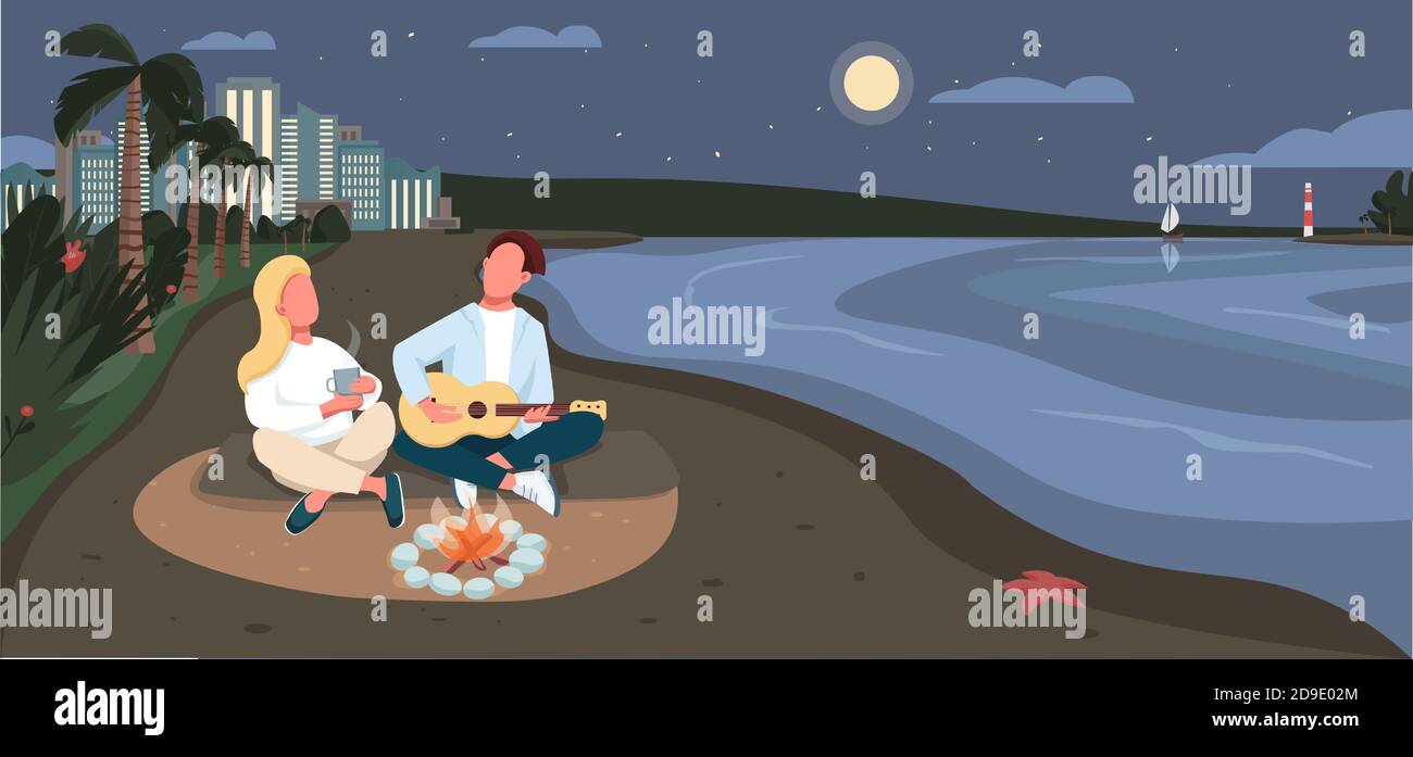 Evening picnic at sandy beach flat color vector illustration Stock ...