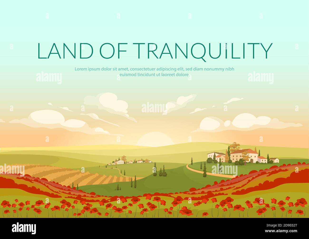 Land of tranquillity poster flat vector template Stock Vector