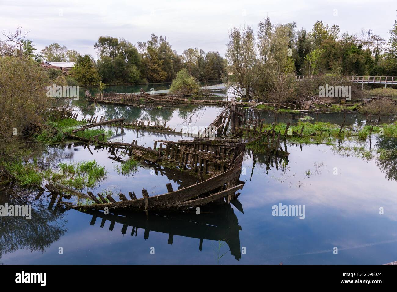 Historical cemetery of sunken wooden shipwrecks in the water in the Sile river called Burci cemetery. Casier Italy Stock Photo