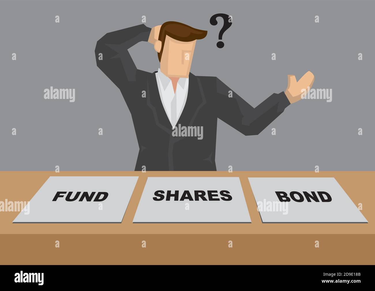 Businessman with question mark scratching his head behind adds with text - fund, shares and bond. Creative cartoon vector illustration on how to inves Stock Vector