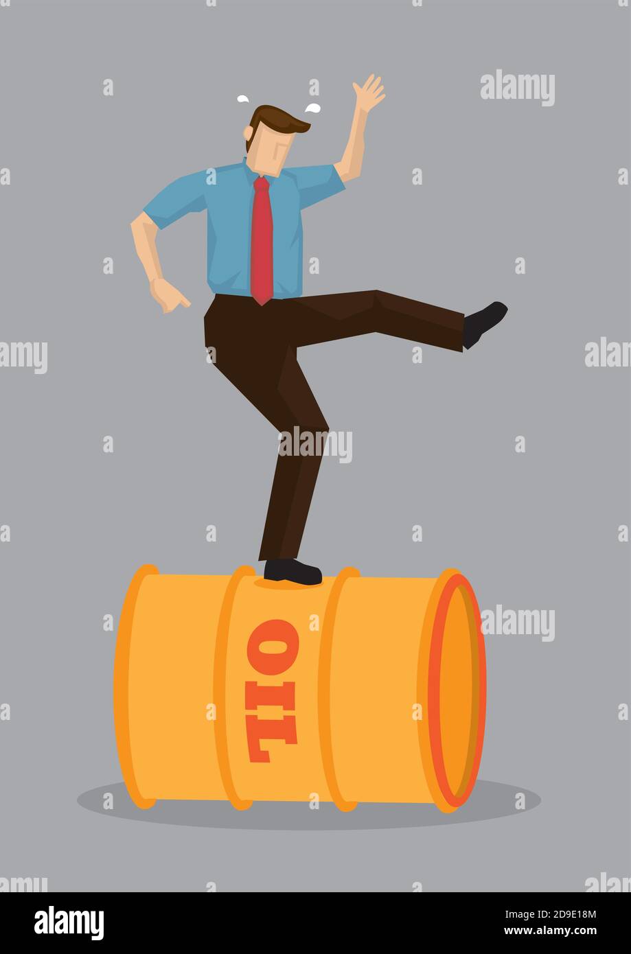 Cartoon business professional performing balancing act on oil barrel ...