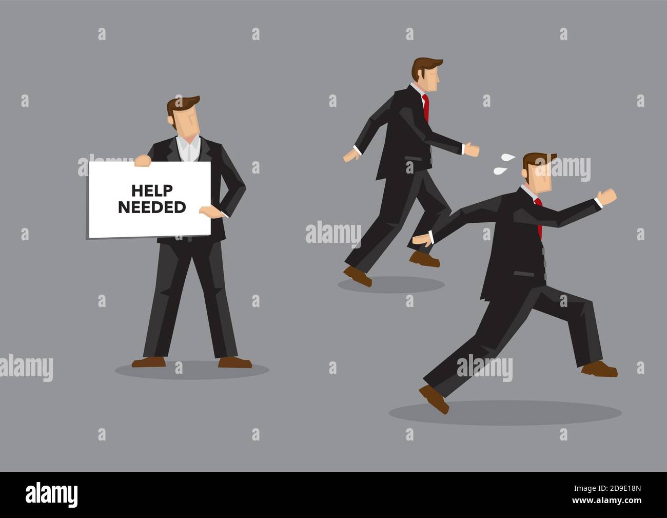 Business professionals run away from coworker with placard with text Help Needed. Cartoon vector illustration on selfishness concept isolated on grey Stock Vector