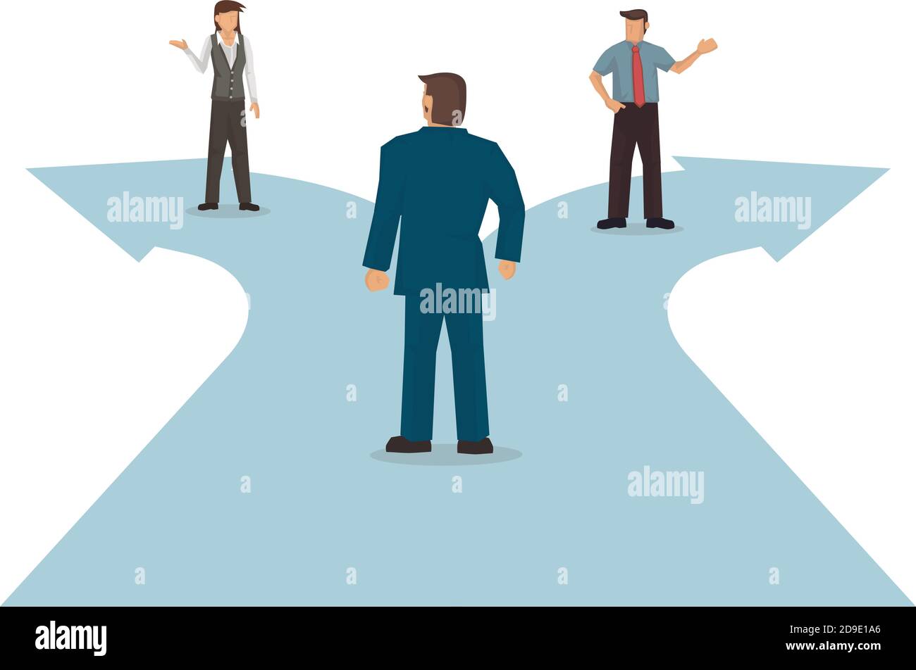 Businessman standing in front of a crossroad with road split in two different ways. Flat vector illustration. Stock Vector