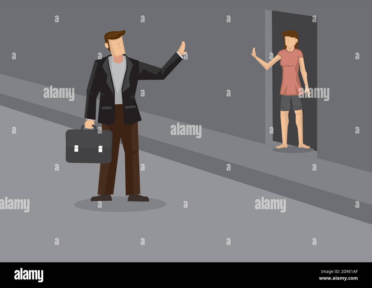Cartoon business executive leaving home for work and waving good bye to wife standing at doorway. Vector illustration on small acts of love in everyda Stock Vector
