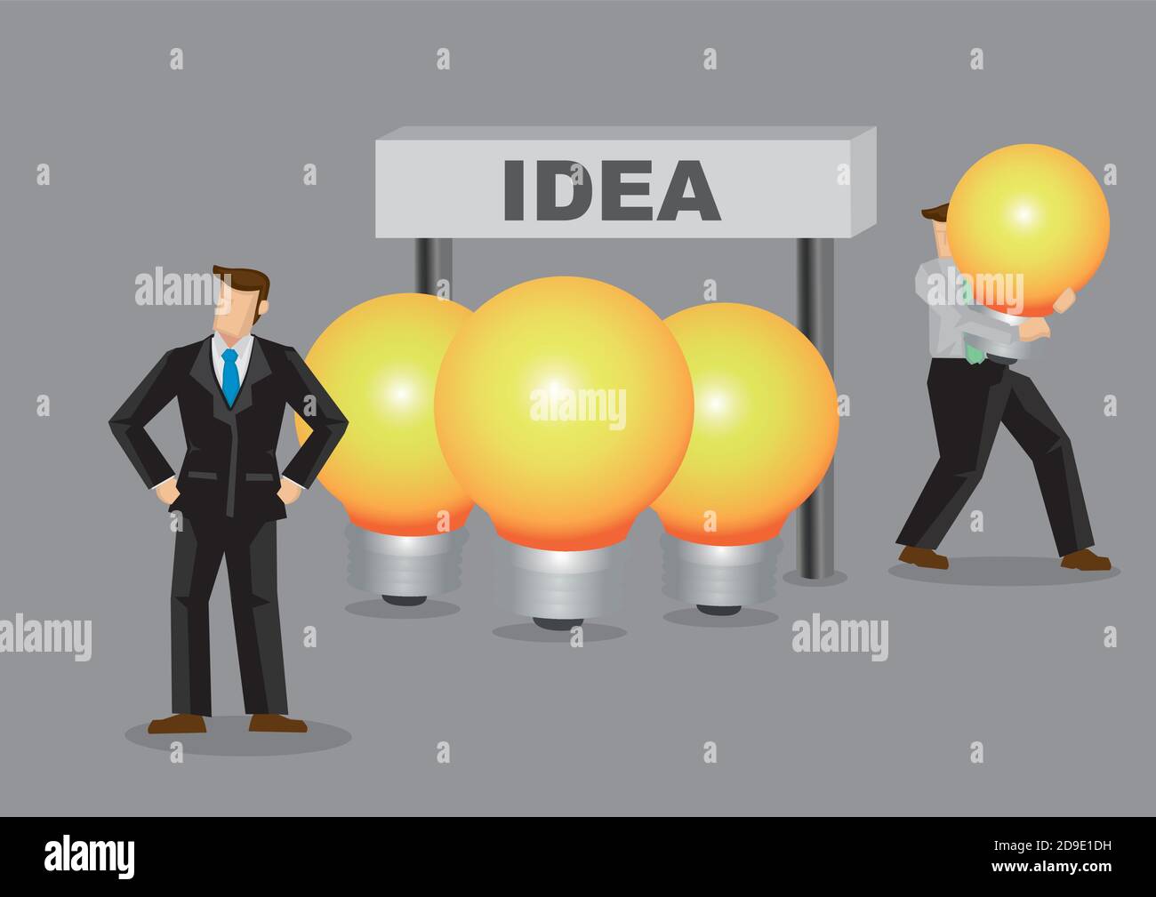 Business professional of unaware of his lightbulb being stolen behind his back. Creative cartoon vector illustration for metaphor for intellectual pro Stock Vector