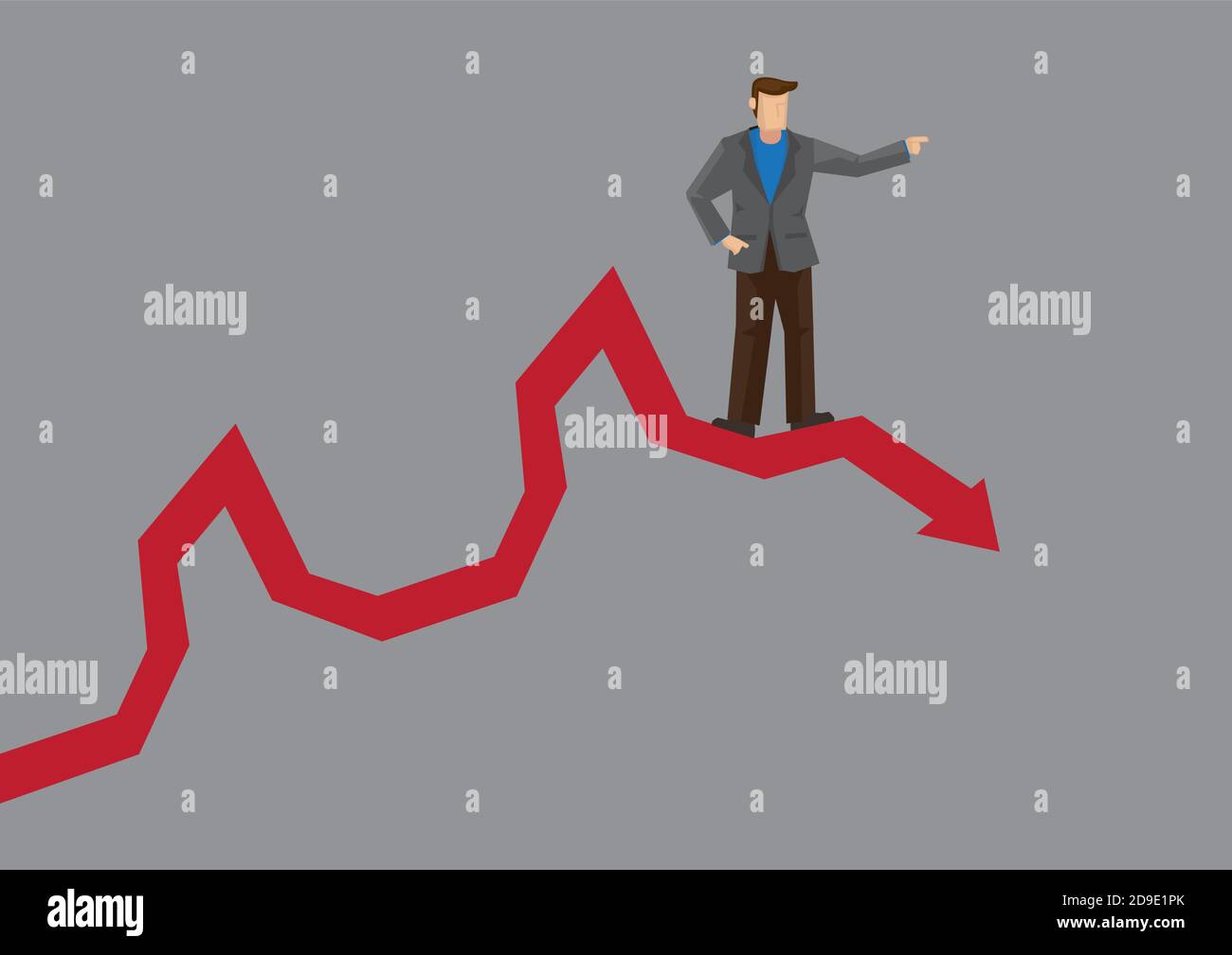 Cartoon business director pointing up but standing on stock chart with downward trend. Creative vector illustration on poor business management and wr Stock Vector
