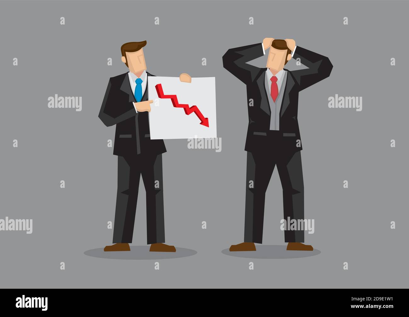 Businessmen with chart showing downward trend feeling stressed about declining business. Cartoon vector illustration on poor business performance conc Stock Vector