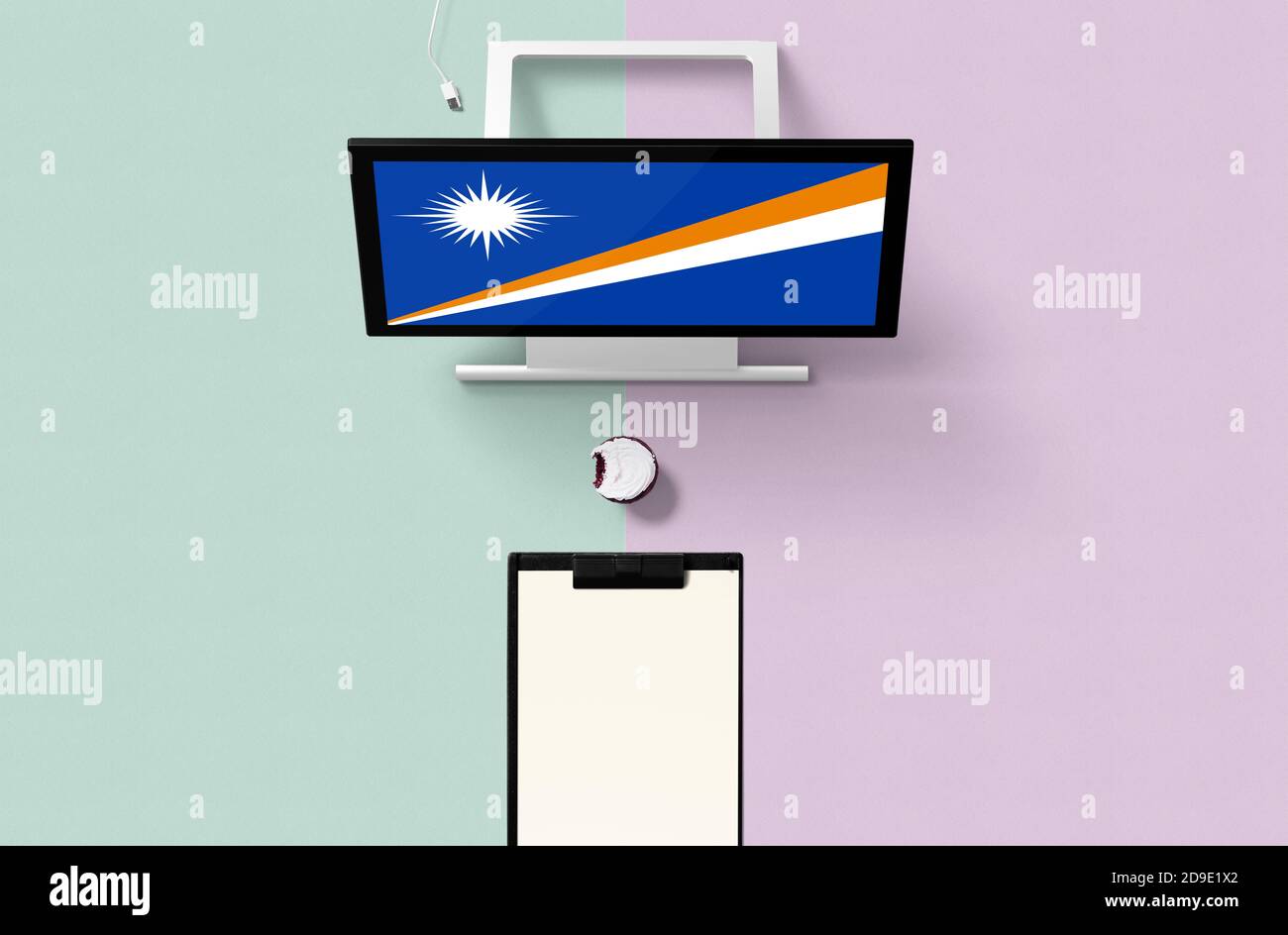 Computer Screen Flags Marshall Islands national flag on computer screen top view, cupcake and ...