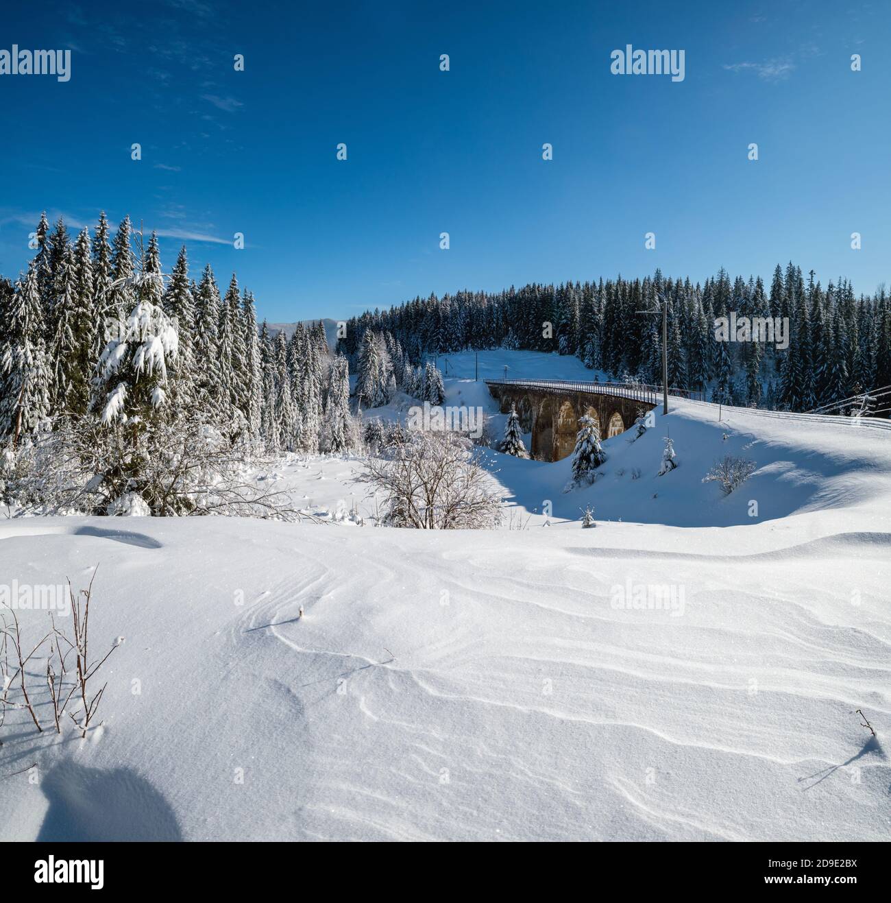 Stone viaduct (arch bridge) on railway through mountain snowy fir ...