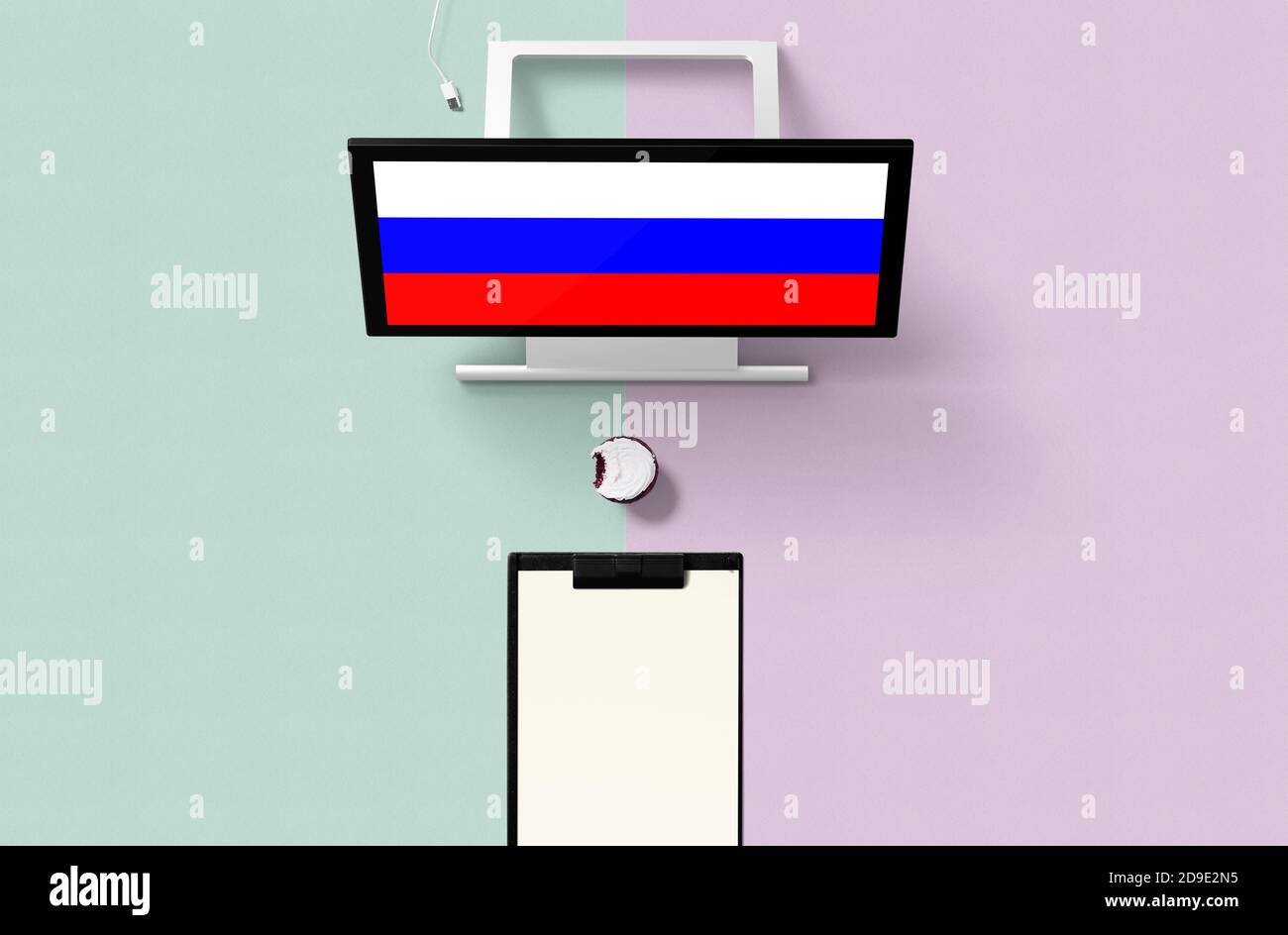 Russia national flag on computer screen top view, cupcake and empty ...