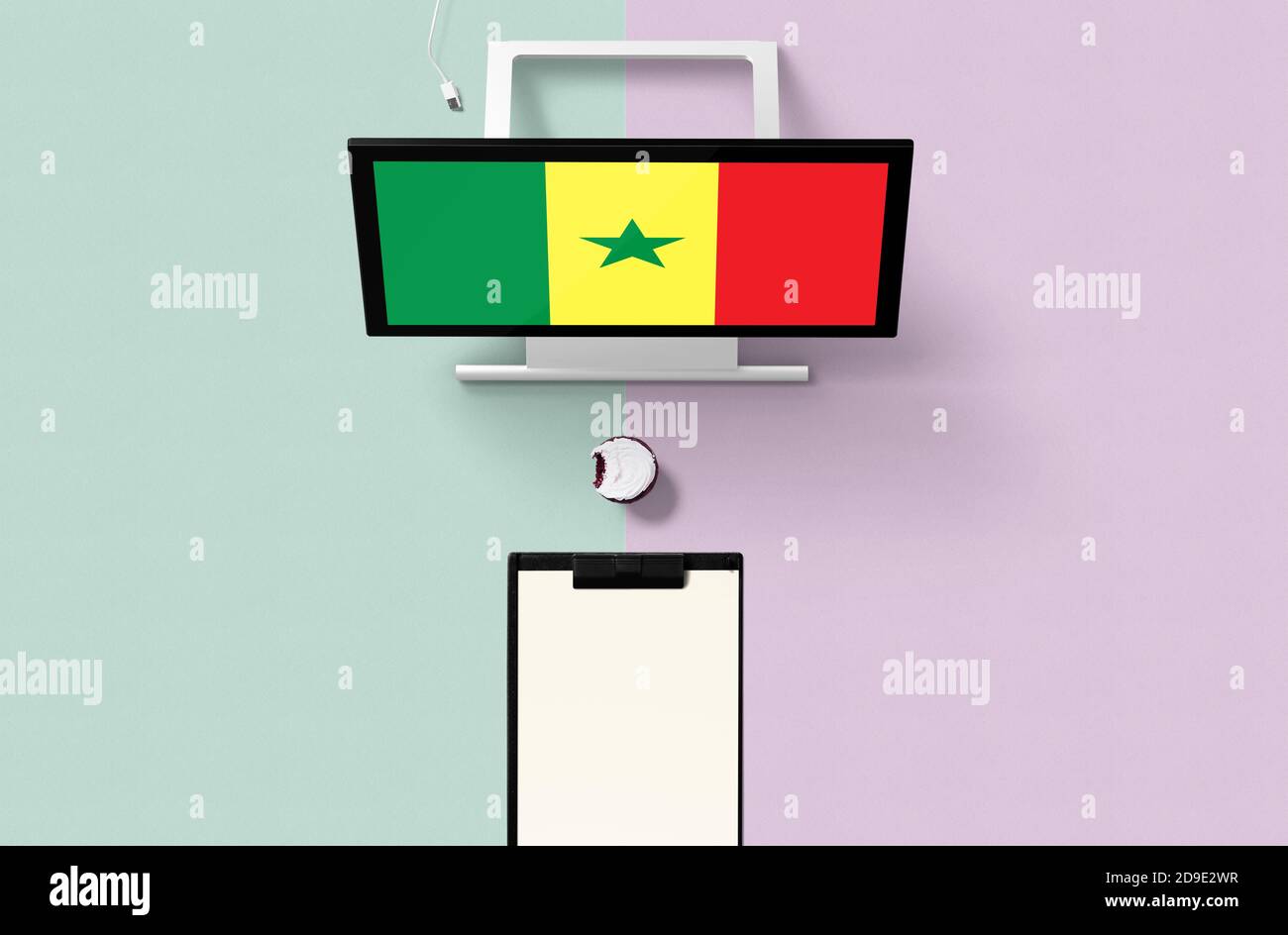 Senegal national flag on computer screen top view, cupcake and empty ...
