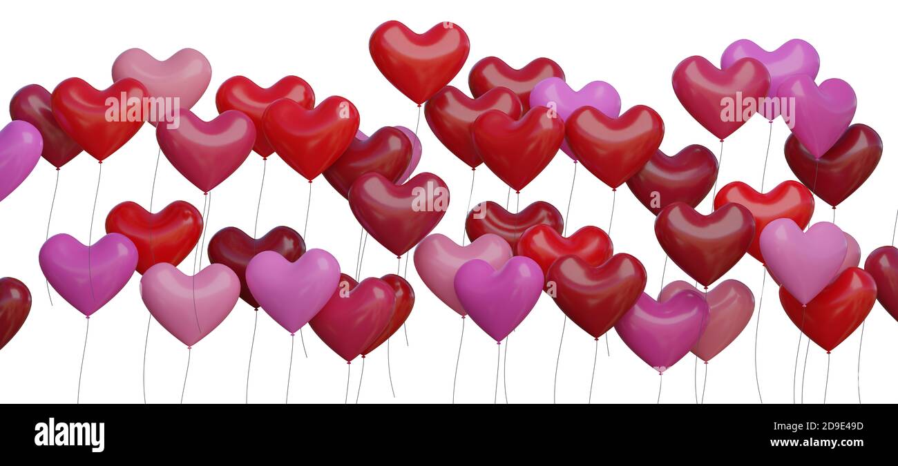 Many red heart shaped balloons isolated on white background. 3D ...