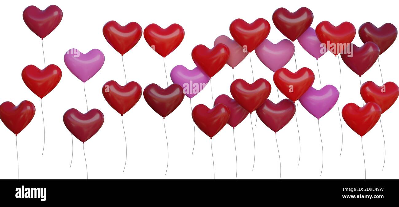 Many red heart shaped balloons isolated on white background. 3D ...