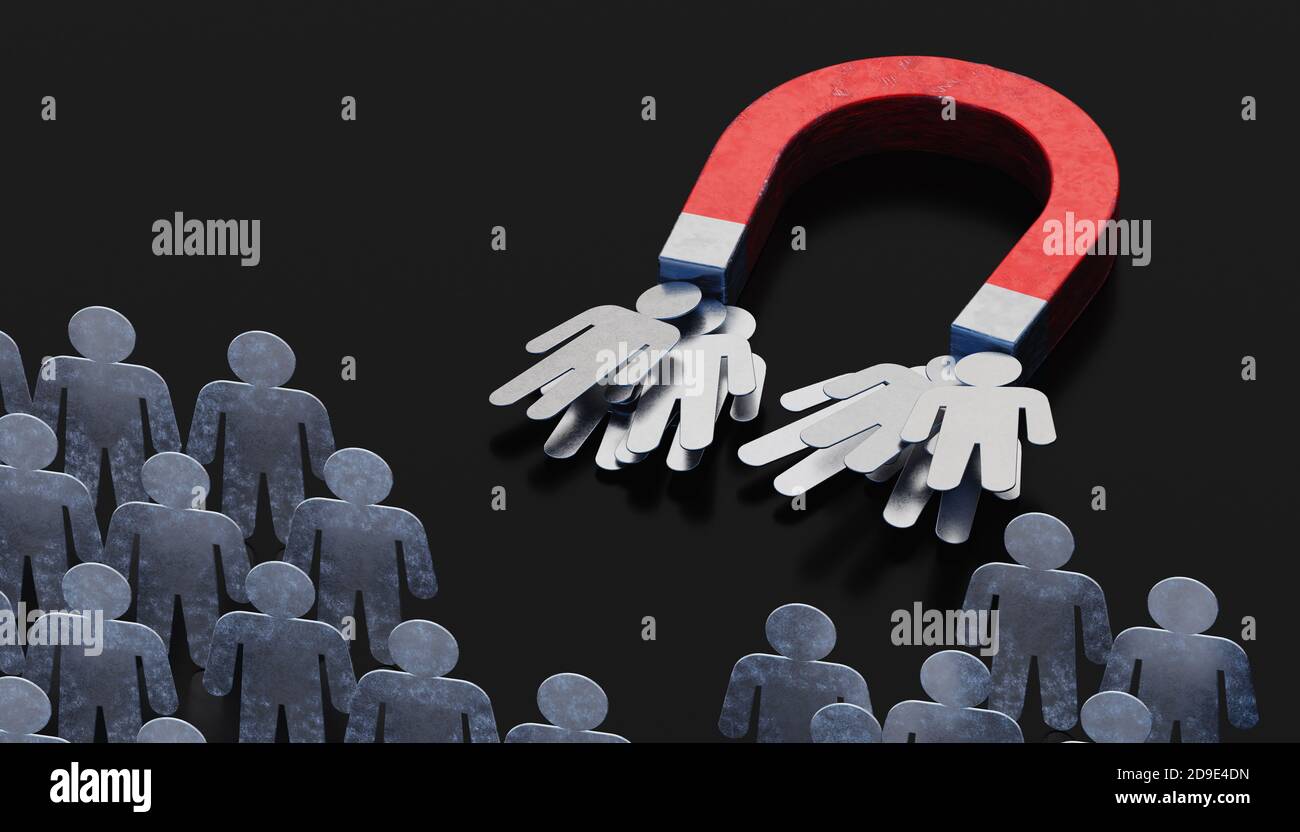 People or clients are attracted by magnet. Marketing concept. 3D rendered illustration. Stock Photo