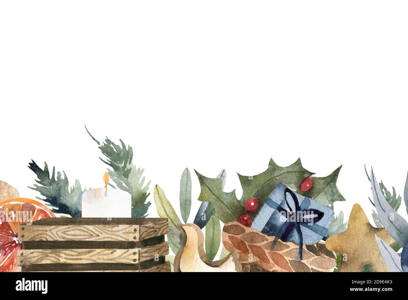 Horizontal banner with christmas tree garland and ornaments. Hanging ...