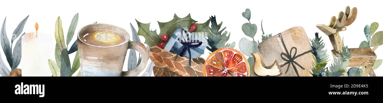 Horizontal banner with christmas tree garland and ornaments. Hanging ...