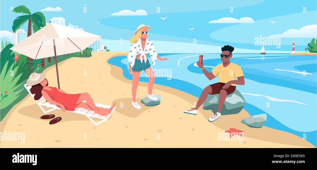 Friends relaxing at sandy beach flat color vector illustration Stock ...