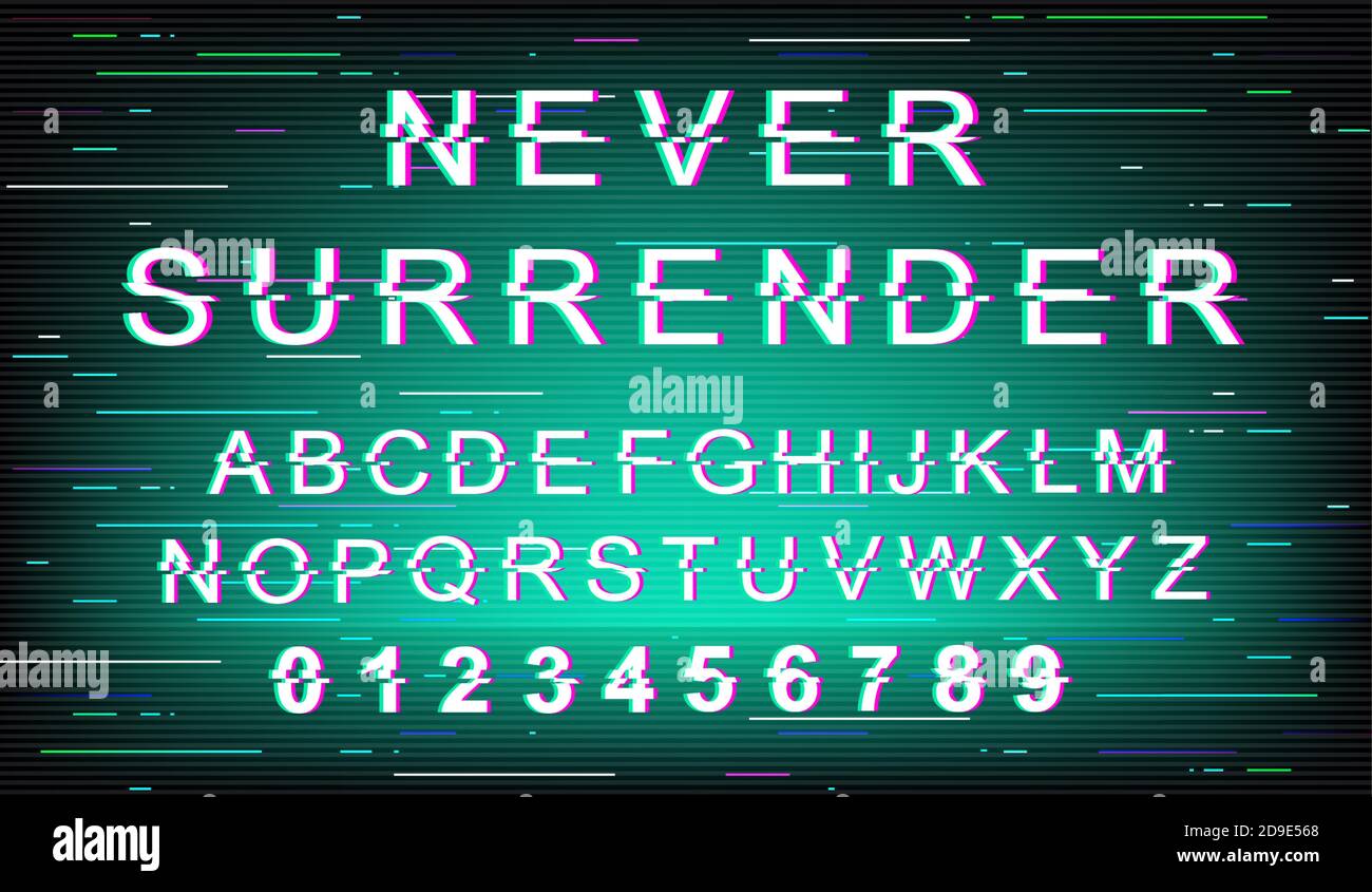 Never surrender glitch font template Stock Vector
