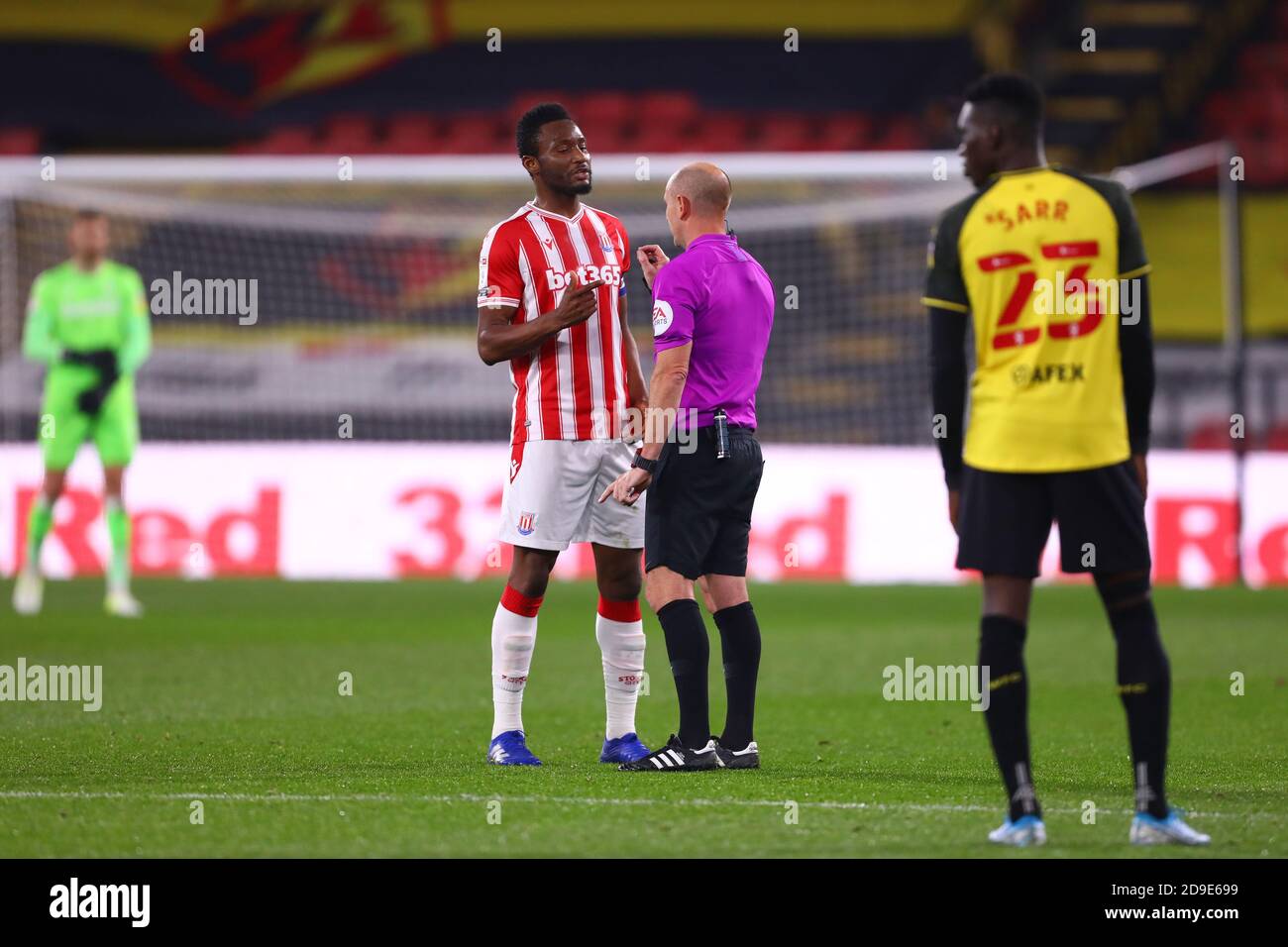 Mikel John Obi of Stoke City appeals to Referee, Andy Davies - Watford v Stoke City, Sky Bet Championship, Vicarage Road, Watford, UK - 4th November 2020  Editorial Use Only - DataCo restrictions apply Stock Photo