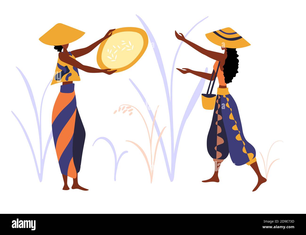 Flat farmer people. Asian farm rice fields vector illustration set. Stock Vector