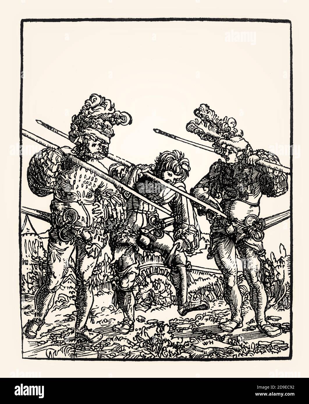 Three mercenary soldiers, by Wolfgang Huber, woodcut, 16th century Stock Photo
