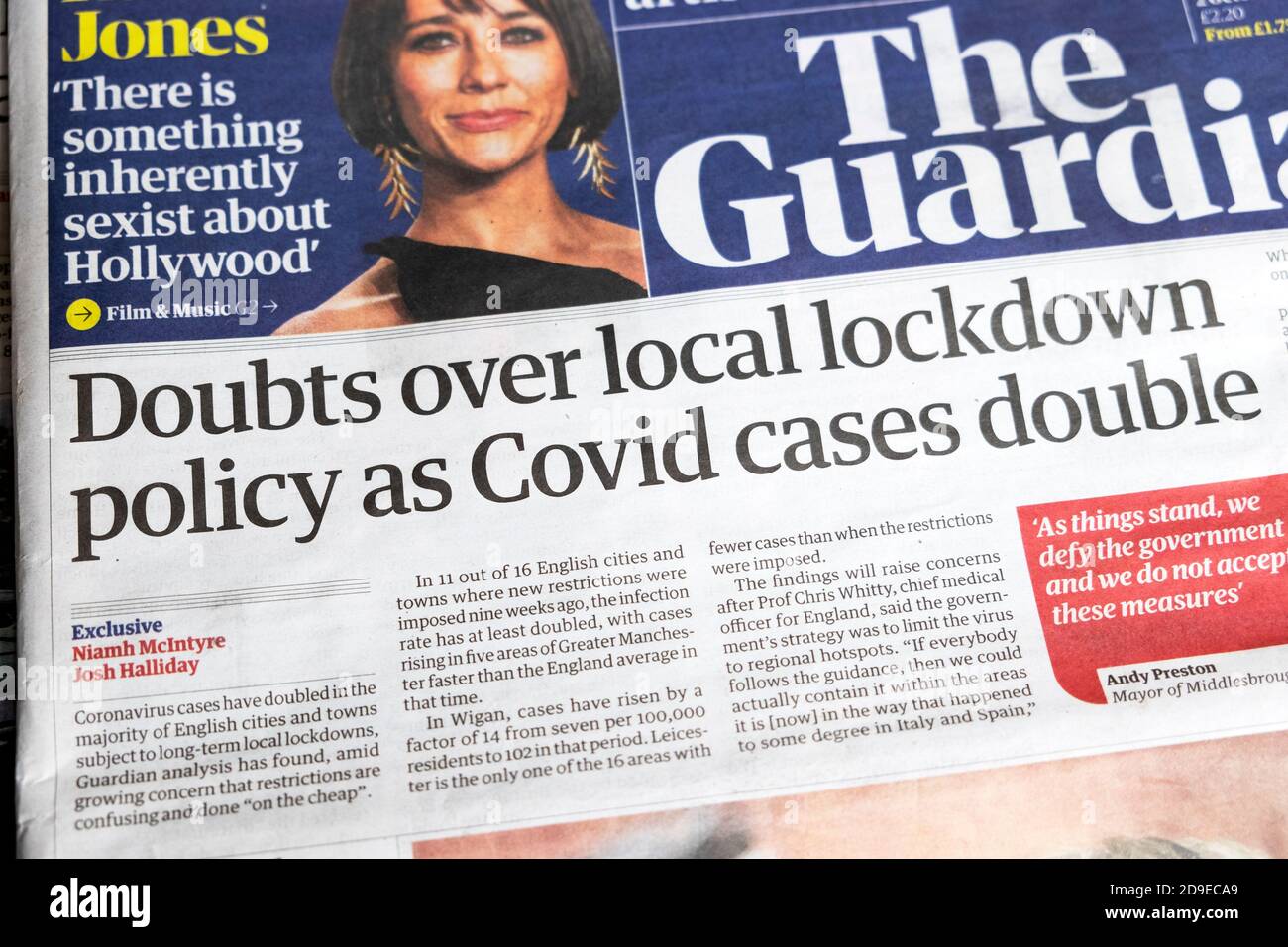 'Doubts over local lockdown policy as Covid cases double' The Guardian newspaper front page headline on 2 October 2020 London England UK Stock Photo