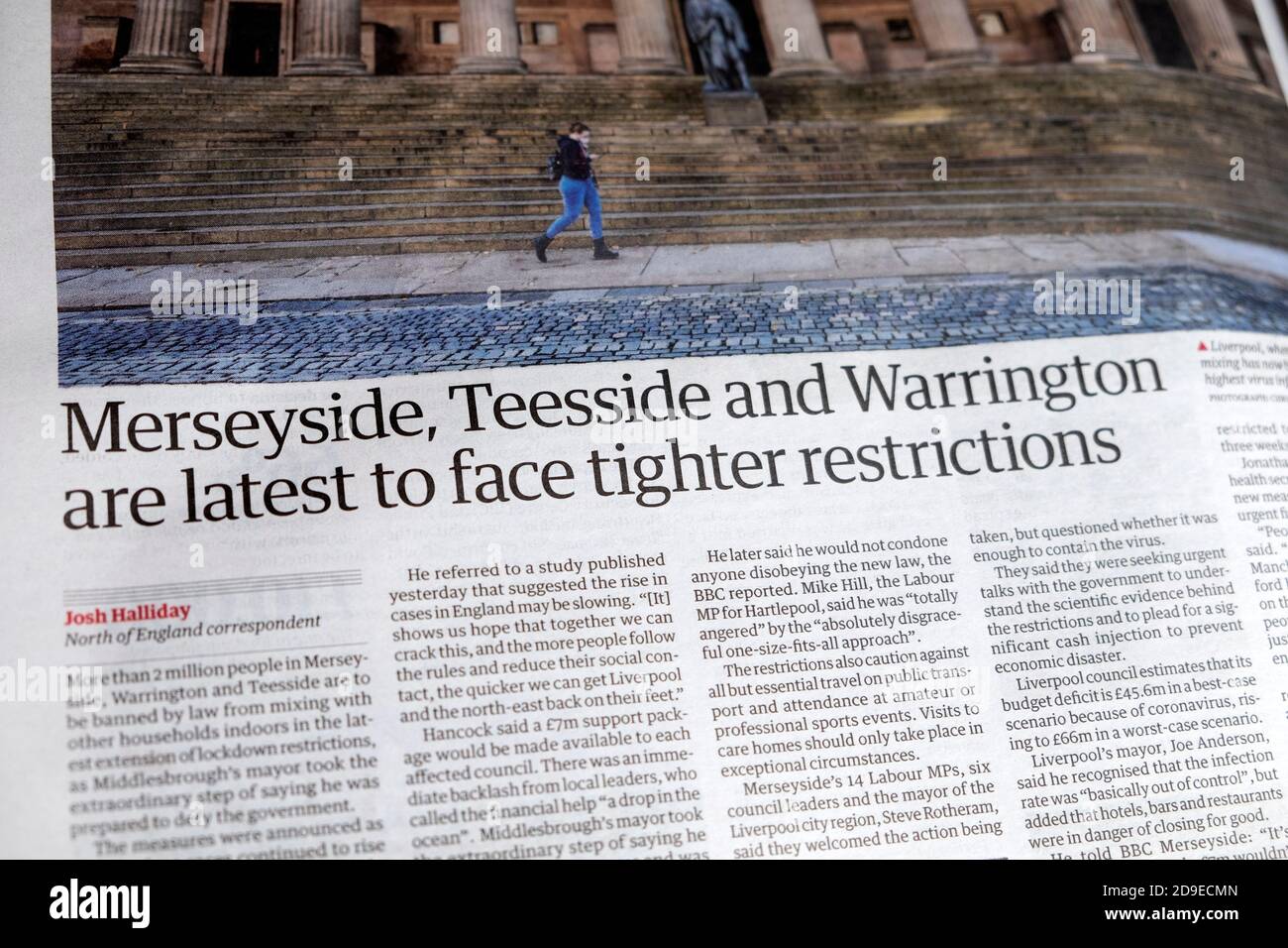 'Merseyside, Teeside and Warrington are latest to face tighter restrictions'  Covid 19 pandemic article headline in Guardian newspaper 2 October 2020 Stock Photo