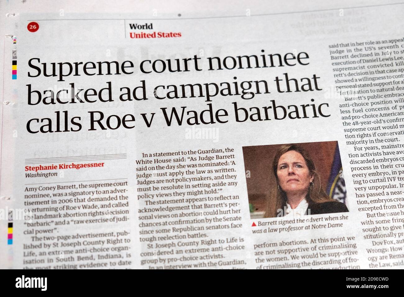 'Supreme court nominee backed ad campaign that calls Roe v Wade barbaric' Amy Coney Barrett Guardian newspaper headline on 2 October 2020 in London UK Stock Photo