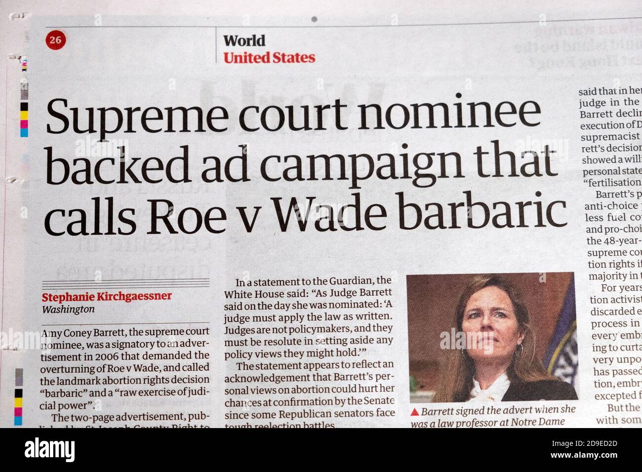 US 'Supreme court nominee backed ad campaign that calls Roe v Wade barbaric' Amy Coney Barrett Guardian newspaper headline 2 October 2020 in London Stock Photo
