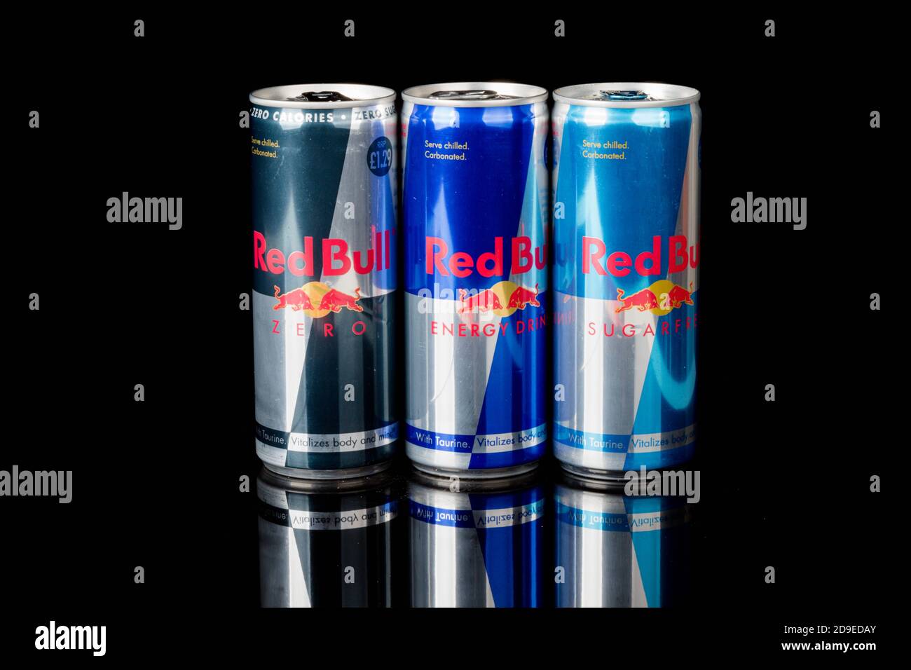 London, United Kingdom, 14th October 2020:- Cans of Redbull, sugar free &  zero calories Energy Drink s Isolated on a black background Stock Photo -  Alamy