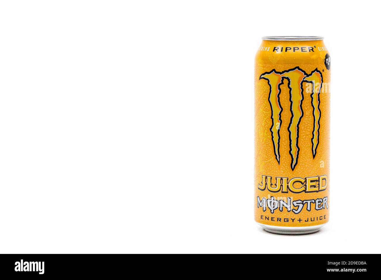 London, United Kingdom, 14th October 2020:- A Can of Monster Ripper Energy Drink Isolated on a white background Stock Photo
