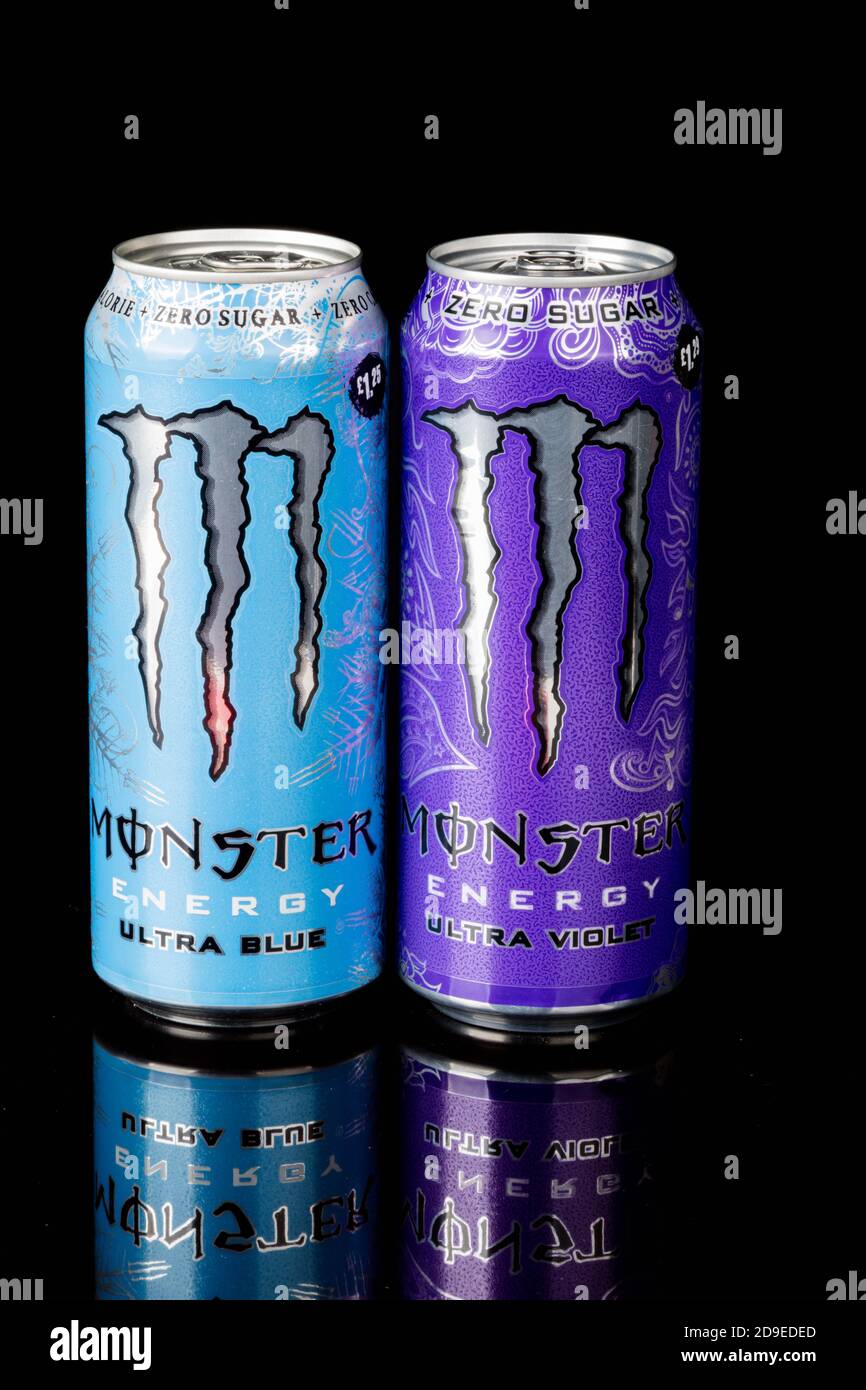 London, United Kingdom, 14th October 2020:- Cans of Monster Ultra Blue & Ultra  Violet Zero Sugar Energy Drinks Isolated on a black background Stock Photo  - Alamy