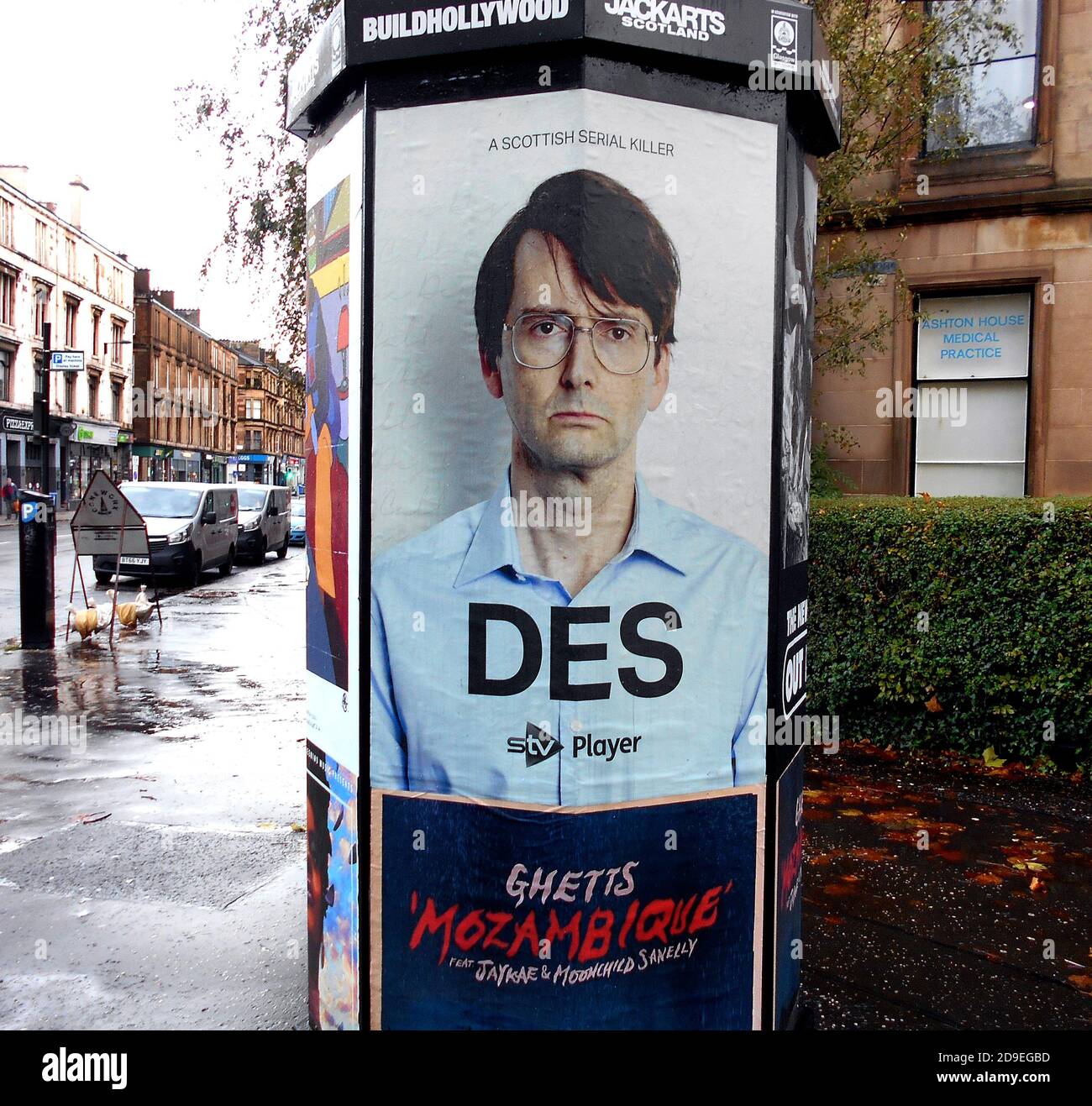 A picture of the Scottish actor, David Tennant, adorns an advertising pillar, in Glasgow, to promote a television program that he appeared in. Glasgow, October 2020.ALAN WYLIE/ALAMY© Stock Photo