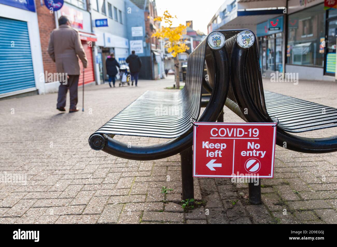Pedestrian signs for social distancing during the Covid 19 pandemic, UK Stock Photo
