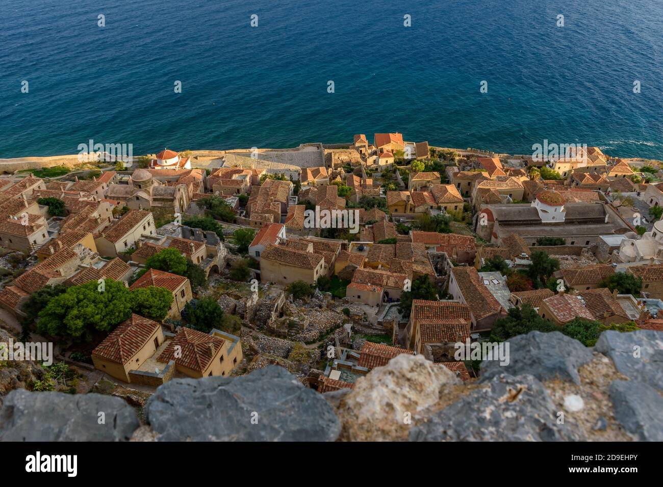 View from upper town  the medieval  castle of Monemvasia, Lakonia, Peloponnese. Stock Photo