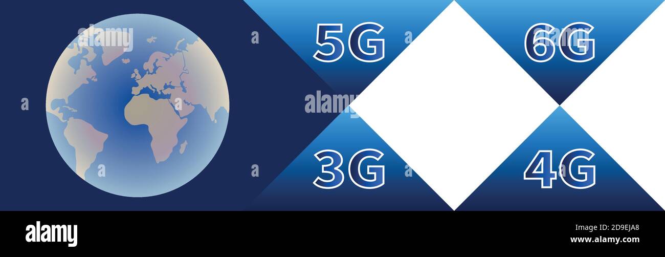Technology banner. Globe with continents on blue background. High speed data  transmission technologies 3G 4G 5G 6G. Mobile communications and telecomm  Stock Vector Image & Art - Alamy