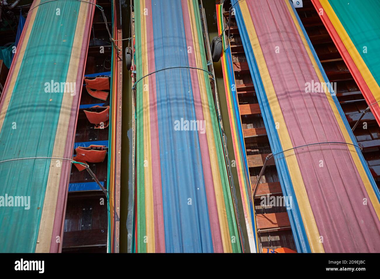Bangkok, Thailand, March 2106. Close aerial view of long tail boats. Stock Photo