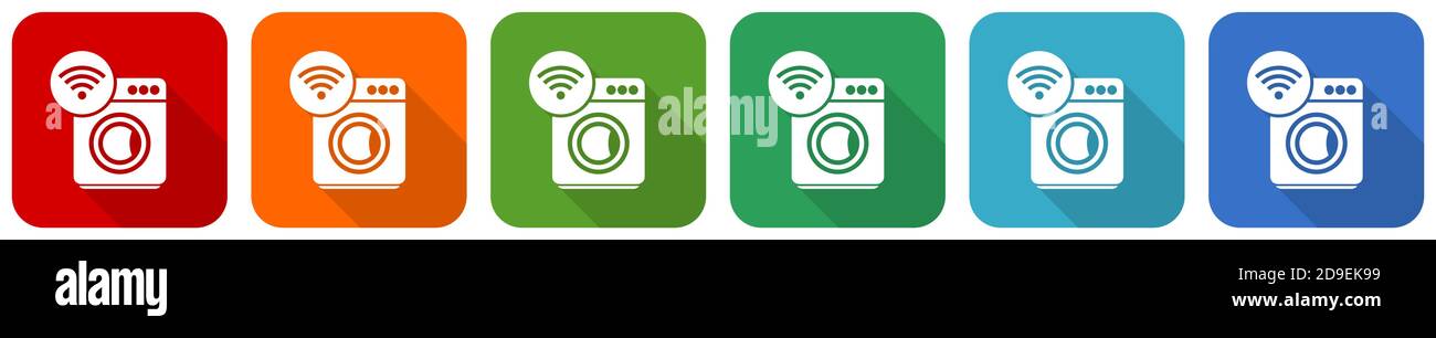 Washing machine, internet, wifi icon set, flat design vector illustration in 6 colors options for webdesign and mobile applications Stock Vector