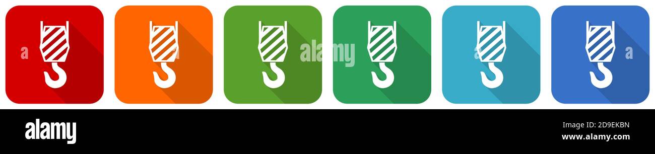 Crane hook icon set, flat design vector illustration in 6 colors ...