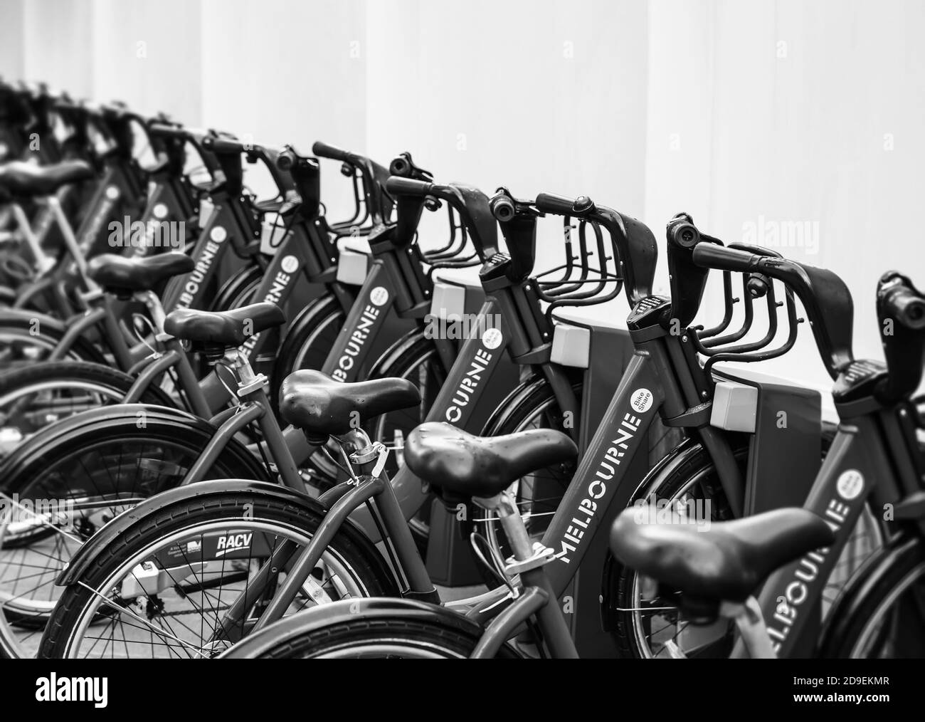 MELBOURNE, AUSTRALIA - DECEMBER 10, 2014: Melbourne Bike Share is a bicycle sharing system that serves the central business district of Melbourne. Bla Stock Photo