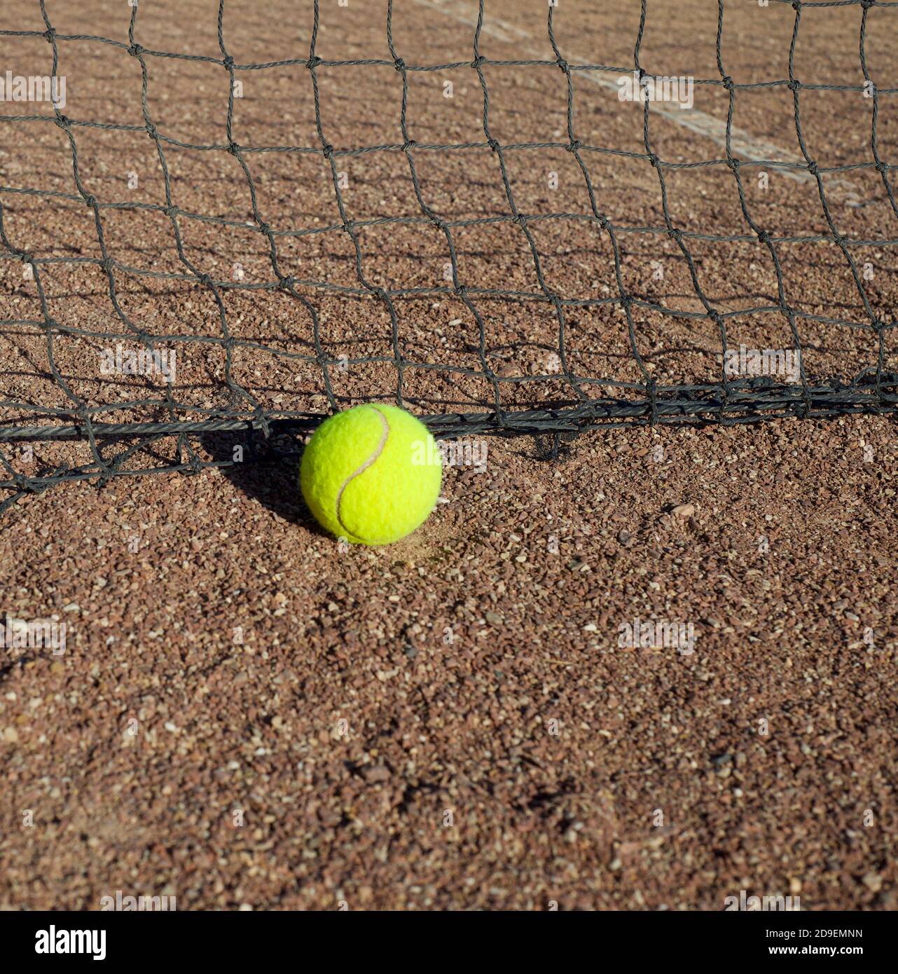 Tennis ball on the tennis court. Priming. Grid. Copy space for text. Stock Photo