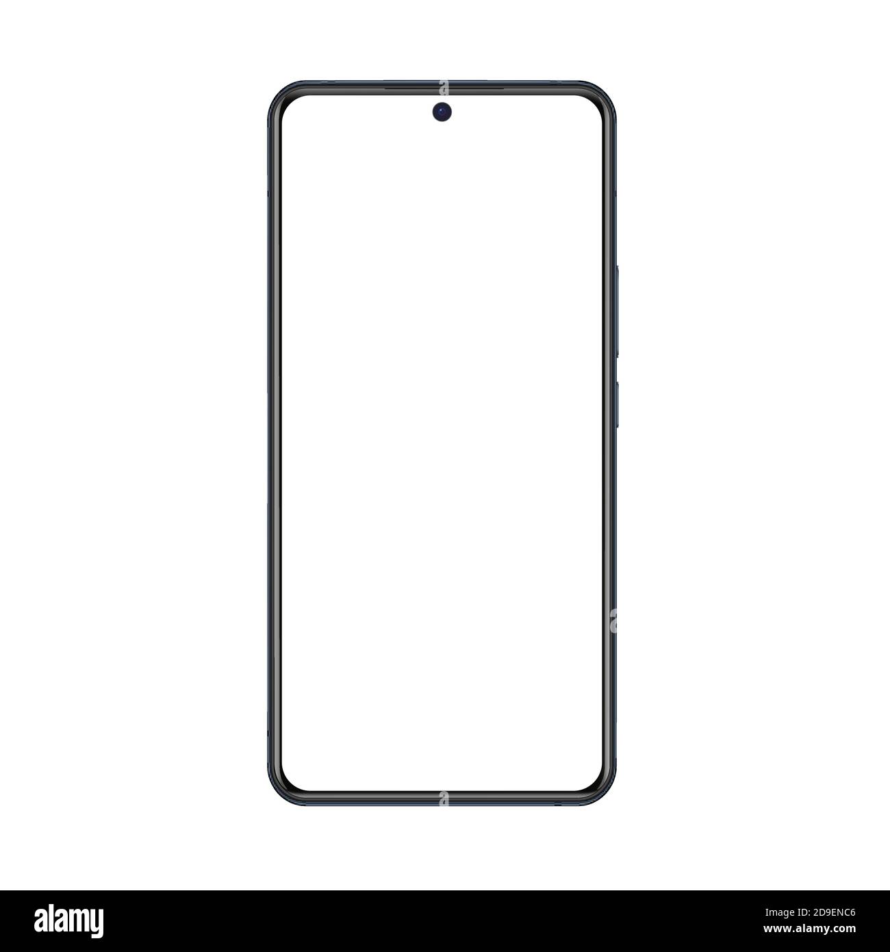Phone mockup vector illustration. Realistic cellphone with black frame and white blank screen for web app, smartphone for presentation of application and mobile communication isolated on white Stock Vector
