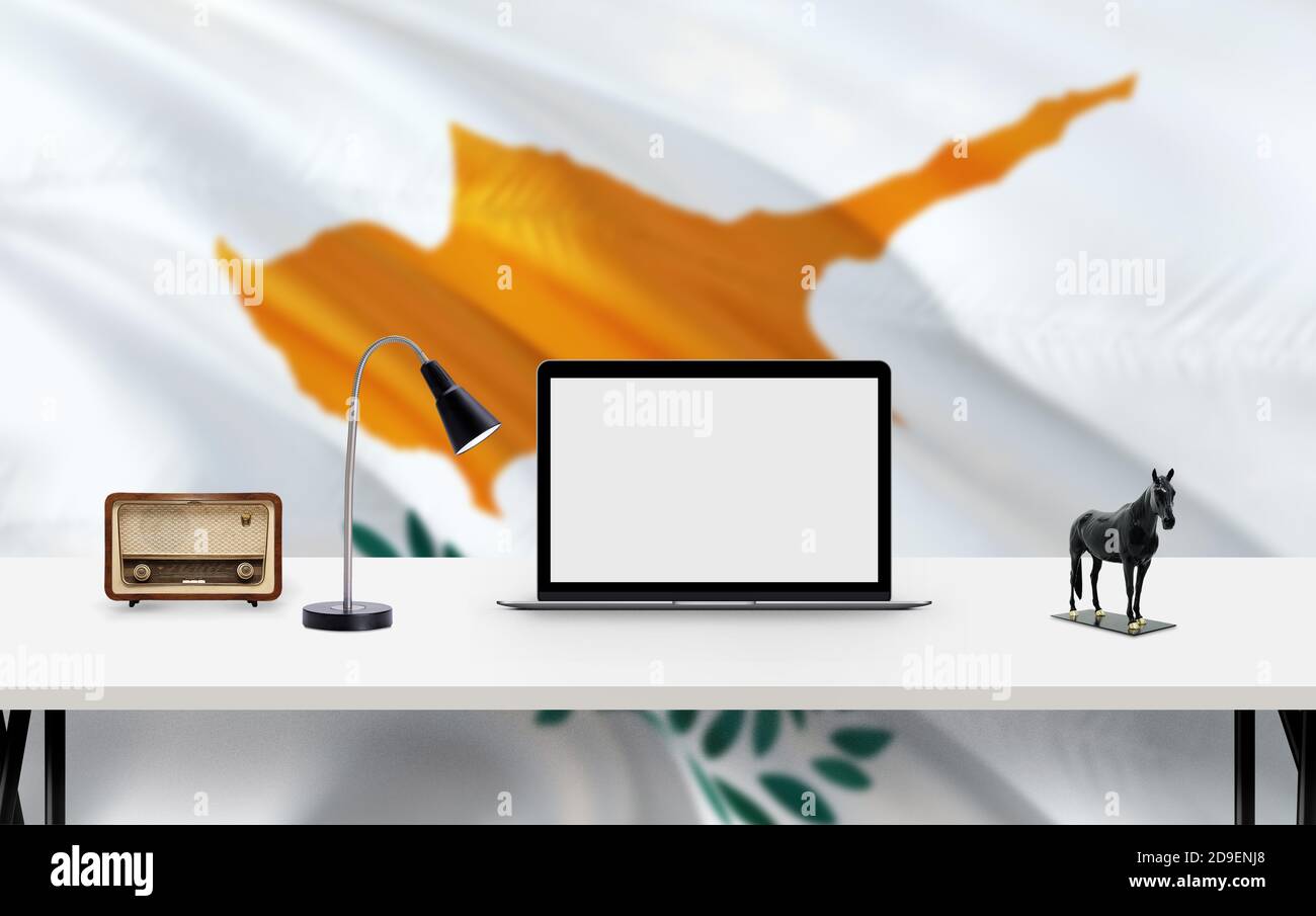 Cyprus national flag background with workspace, desktop computer and