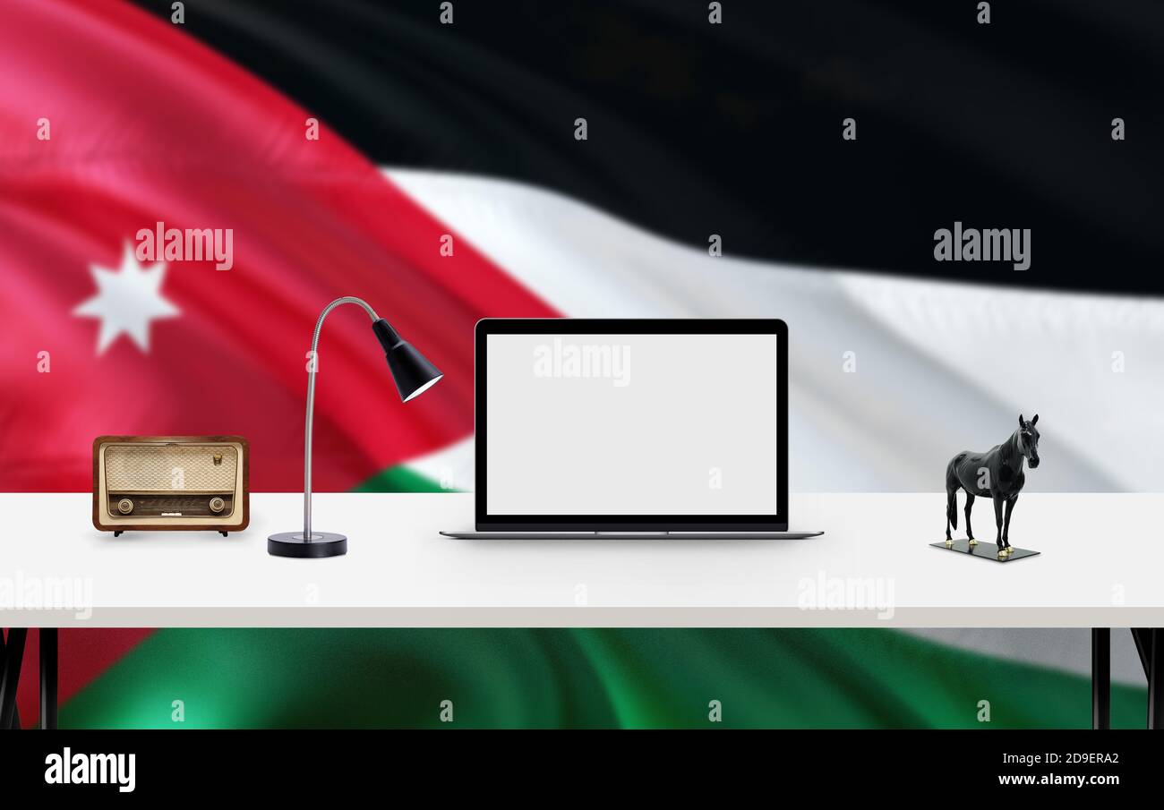 Jordan national flag background with workspace, desktop computer and