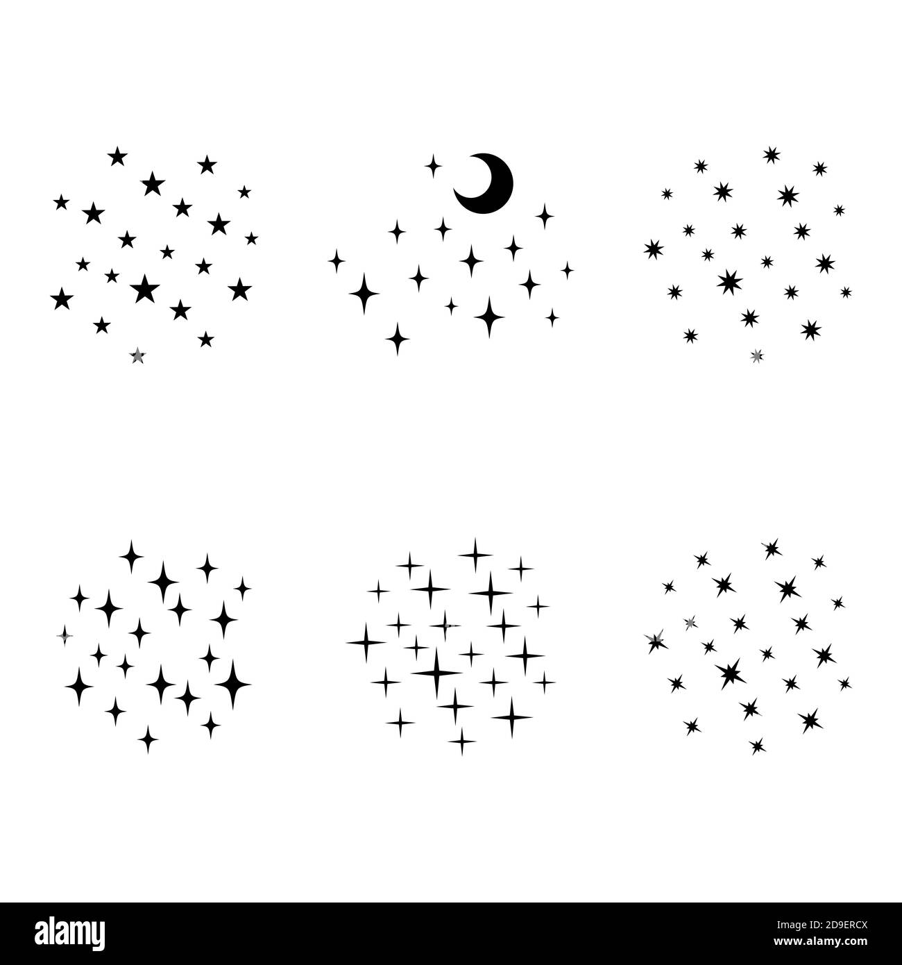 Black vector stars and moon Set. Minimal sparkles isolated on white. Vector illustration Stock Vector