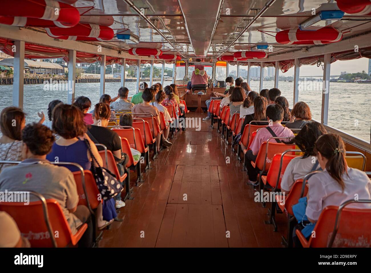 Bangkok, Thailand, March 2106. Inside a ship of Chao Phraya river public service boats. Stock Photo