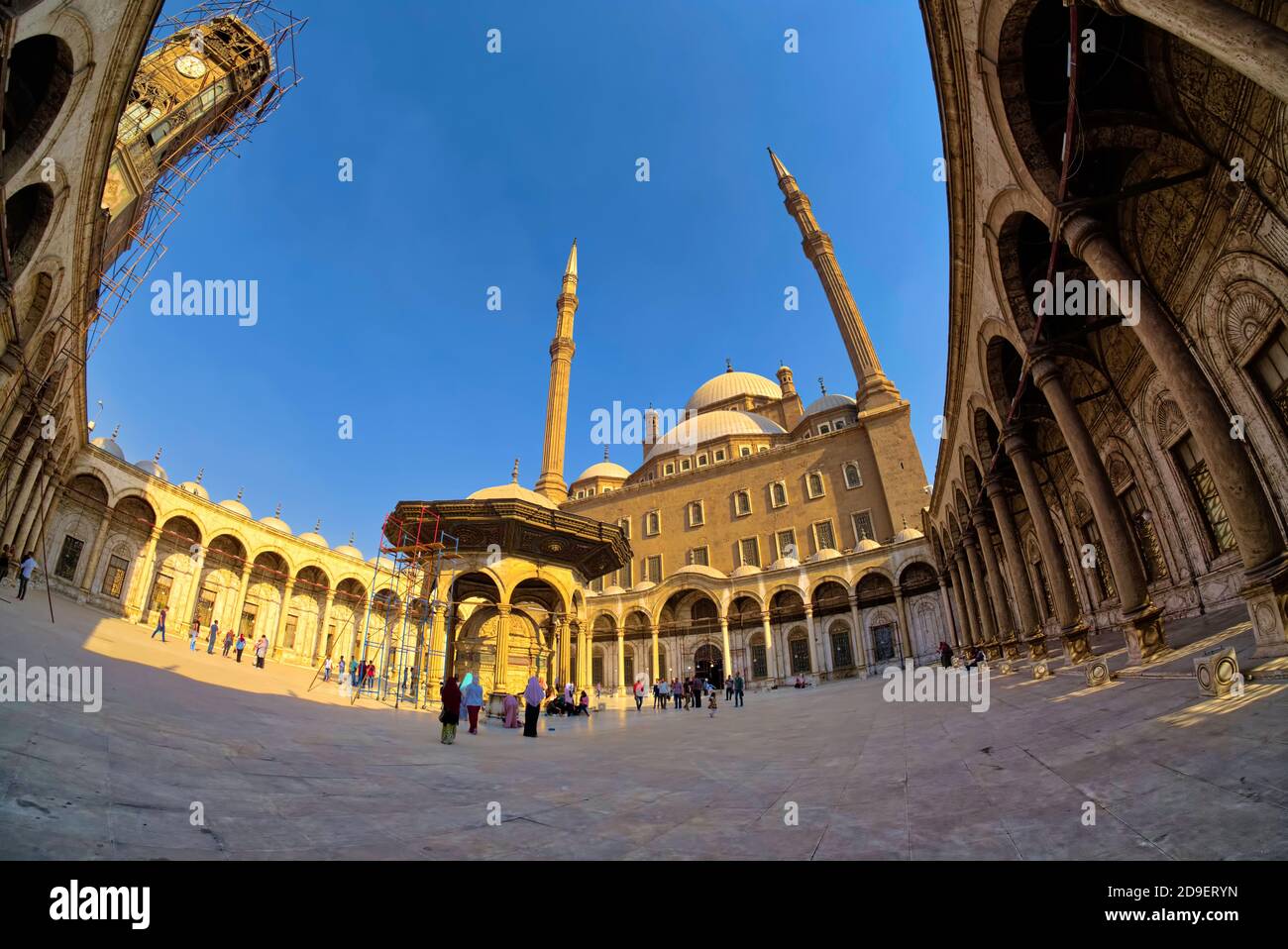 The courtyard, as at the mosques of Sulayman Pasha and Malika Safiyya, is surrounded by rounded arcades carrying small domes. These domes are supporte Stock Photo