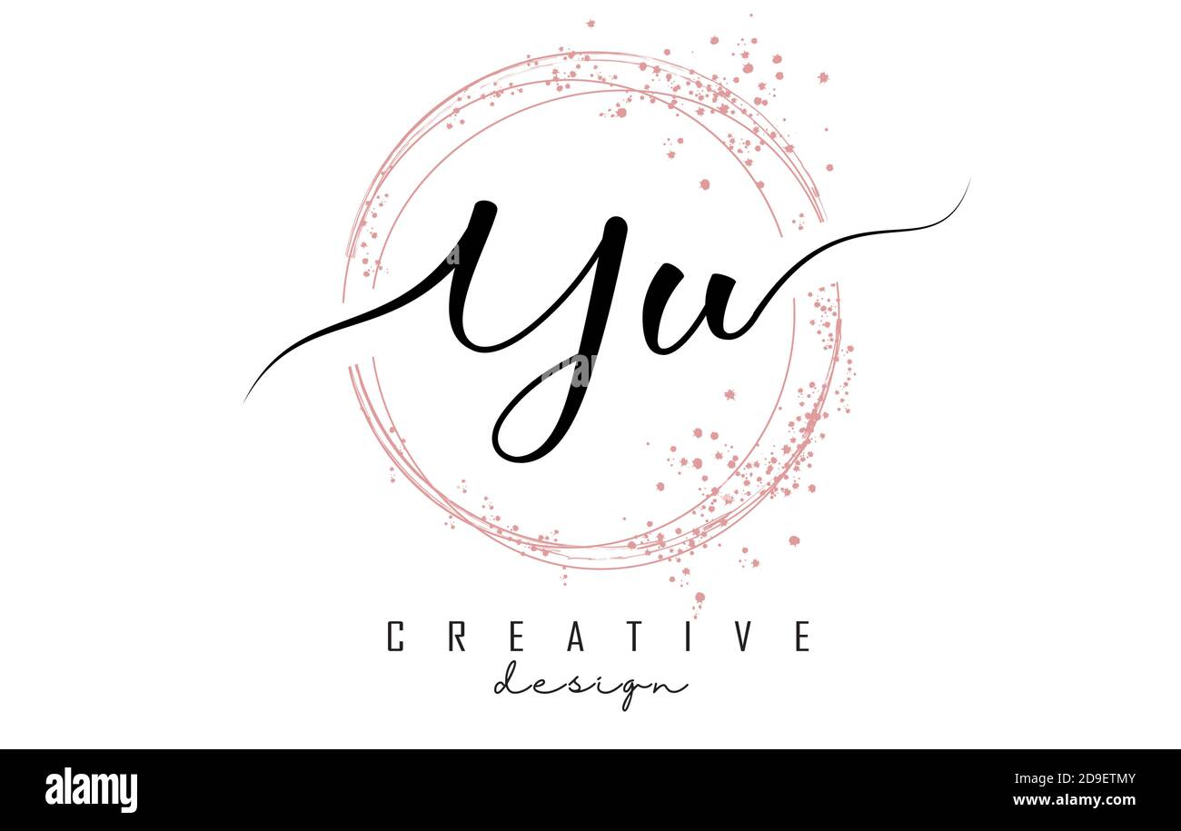 Handwritten YU Y U letter logo with sparkling circles with pink glitter ...