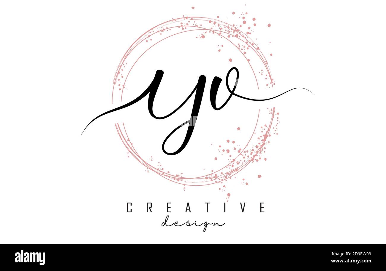 Handwritten YV Y V letter logo with sparkling circles with pink glitter. Decorative vector illustration with Y and V letters. Stock Vector